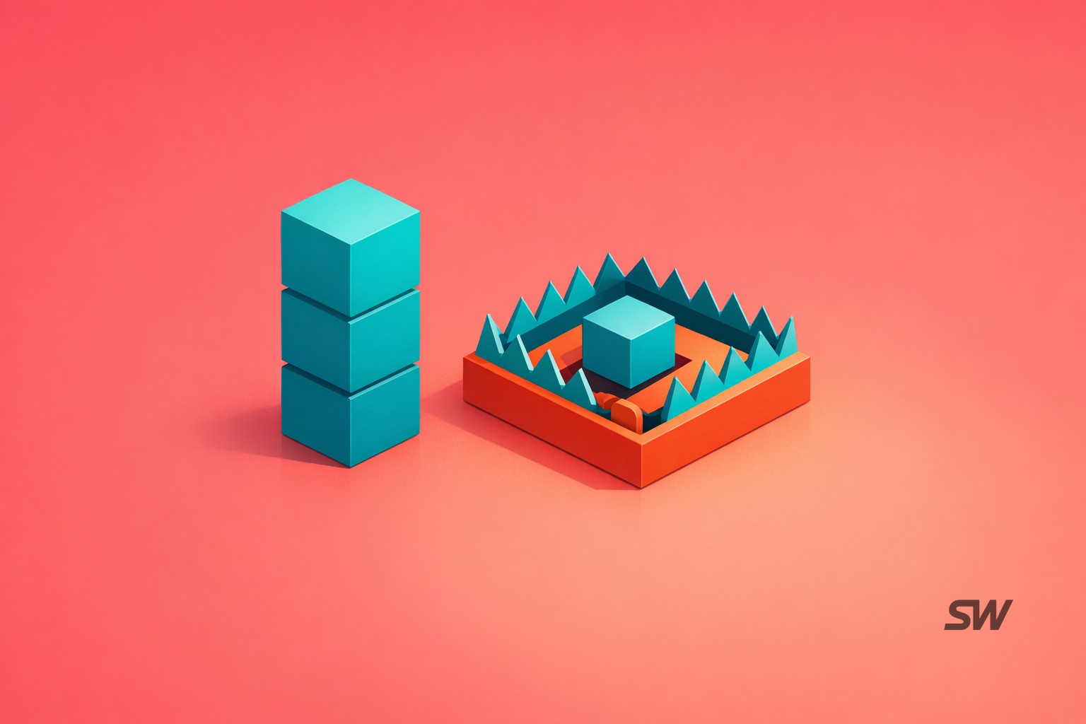 Abstract illustration showing feature tiles forming a confusing maze versus a clear path leading to conversion.