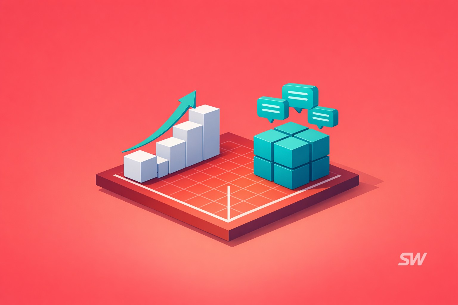 Conceptual illustration of a builder pulled toward a stack of concrete product features while outcomes remain distant and less visible.